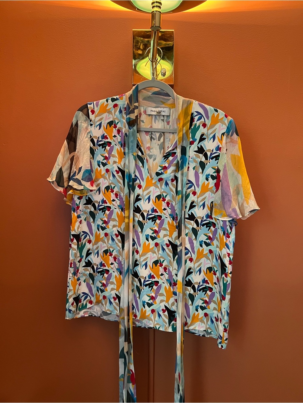 Prabal Gurung Multicolor Floral Short-Sleeve Silk Neck Tie Blouse